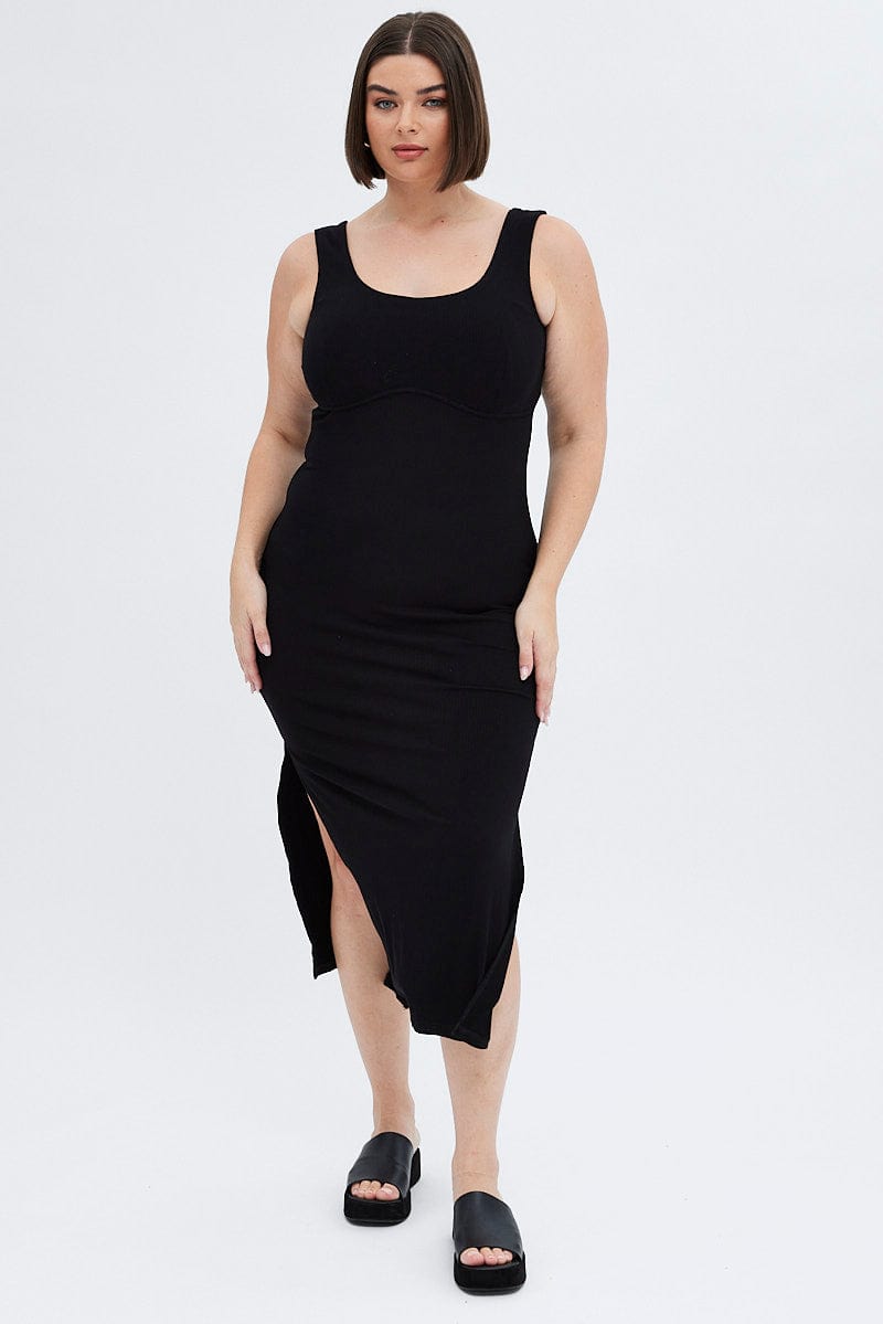 Black Bodycon Dress Rib Jersey Sleeveless Midi for YouandAll Fashion