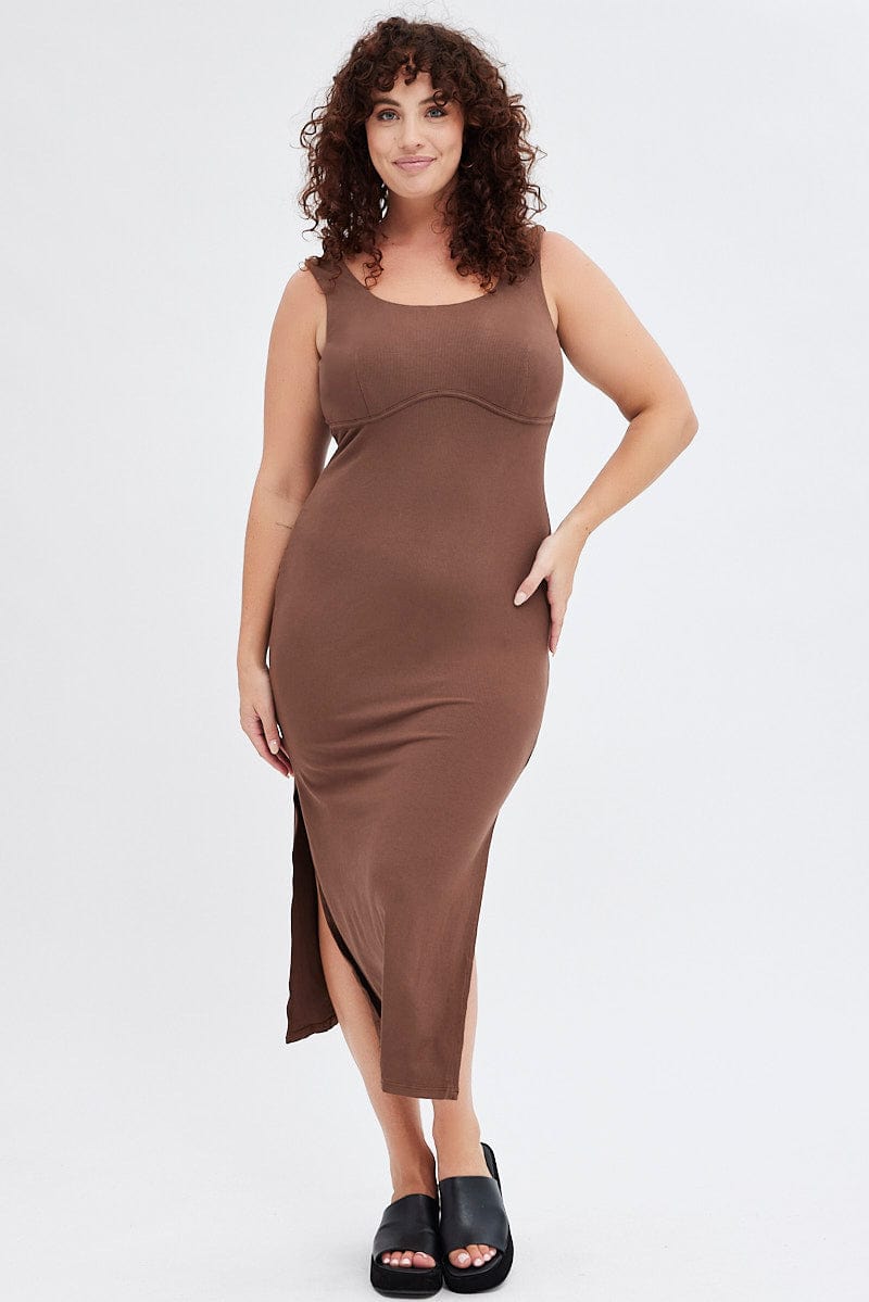 Brown Bodycon Dress Rib Jersey Sleeveless Midi for YouandAll Fashion