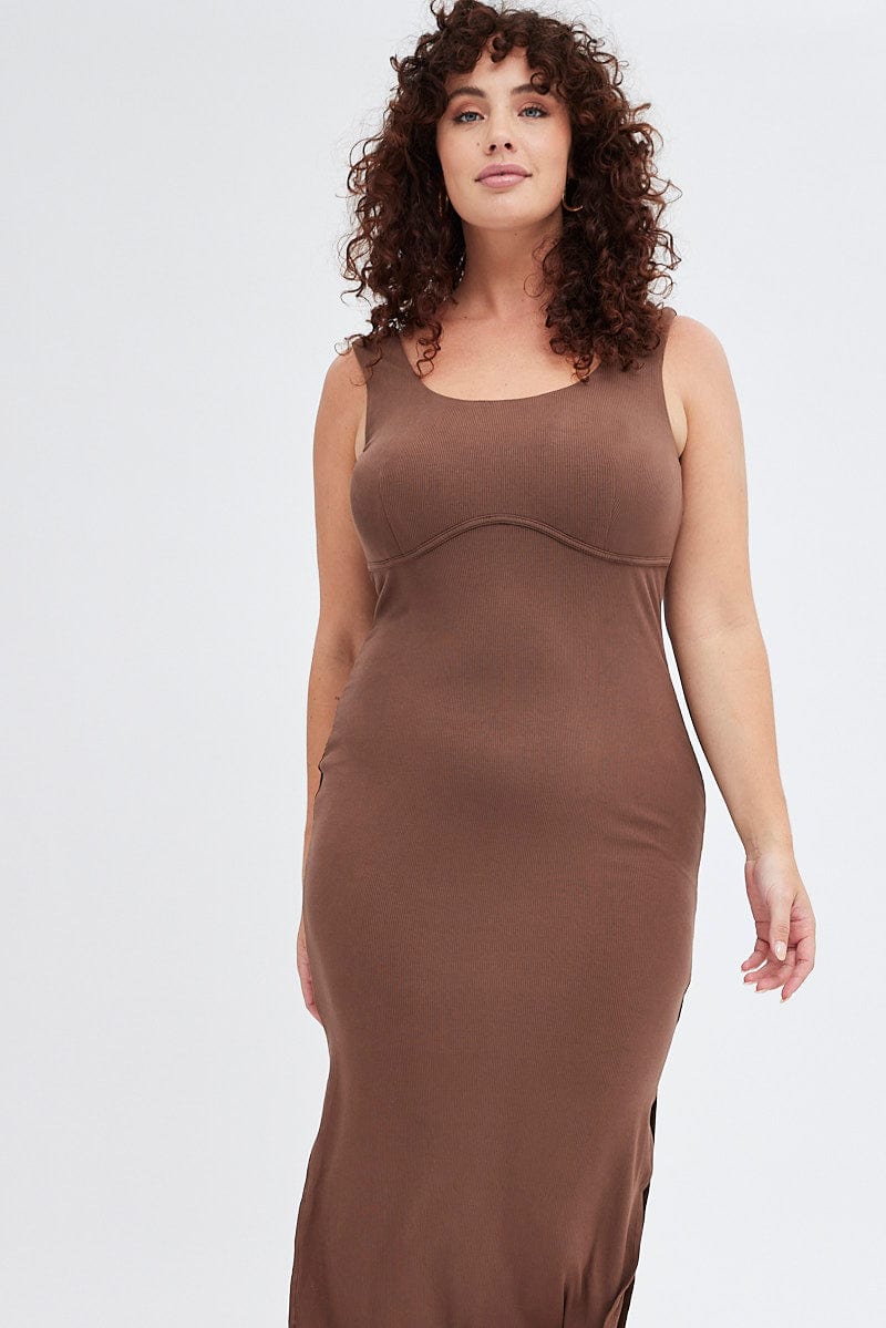 Brown Bodycon Dress Rib Jersey Sleeveless Midi for YouandAll Fashion