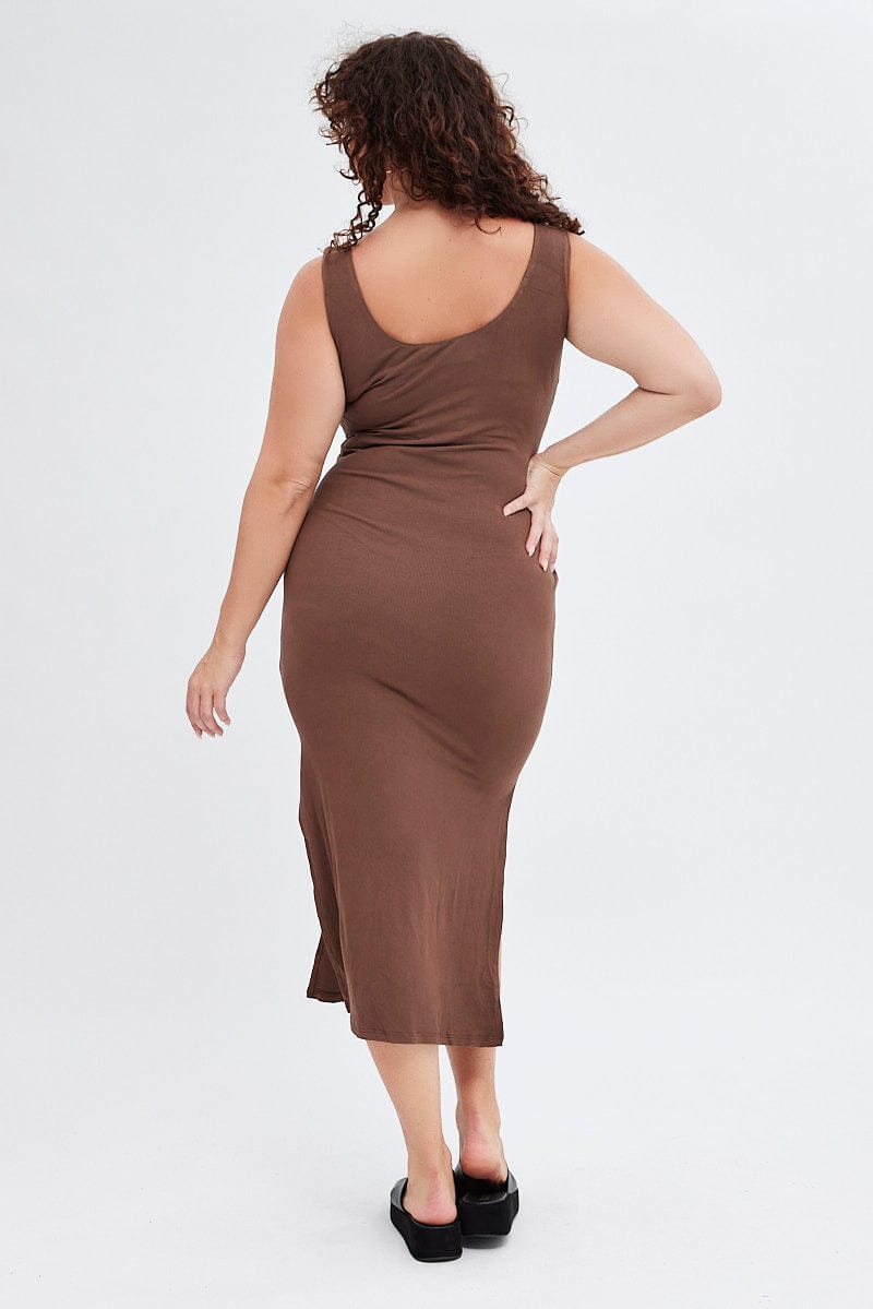 Brown Bodycon Dress Rib Jersey Sleeveless Midi for YouandAll Fashion