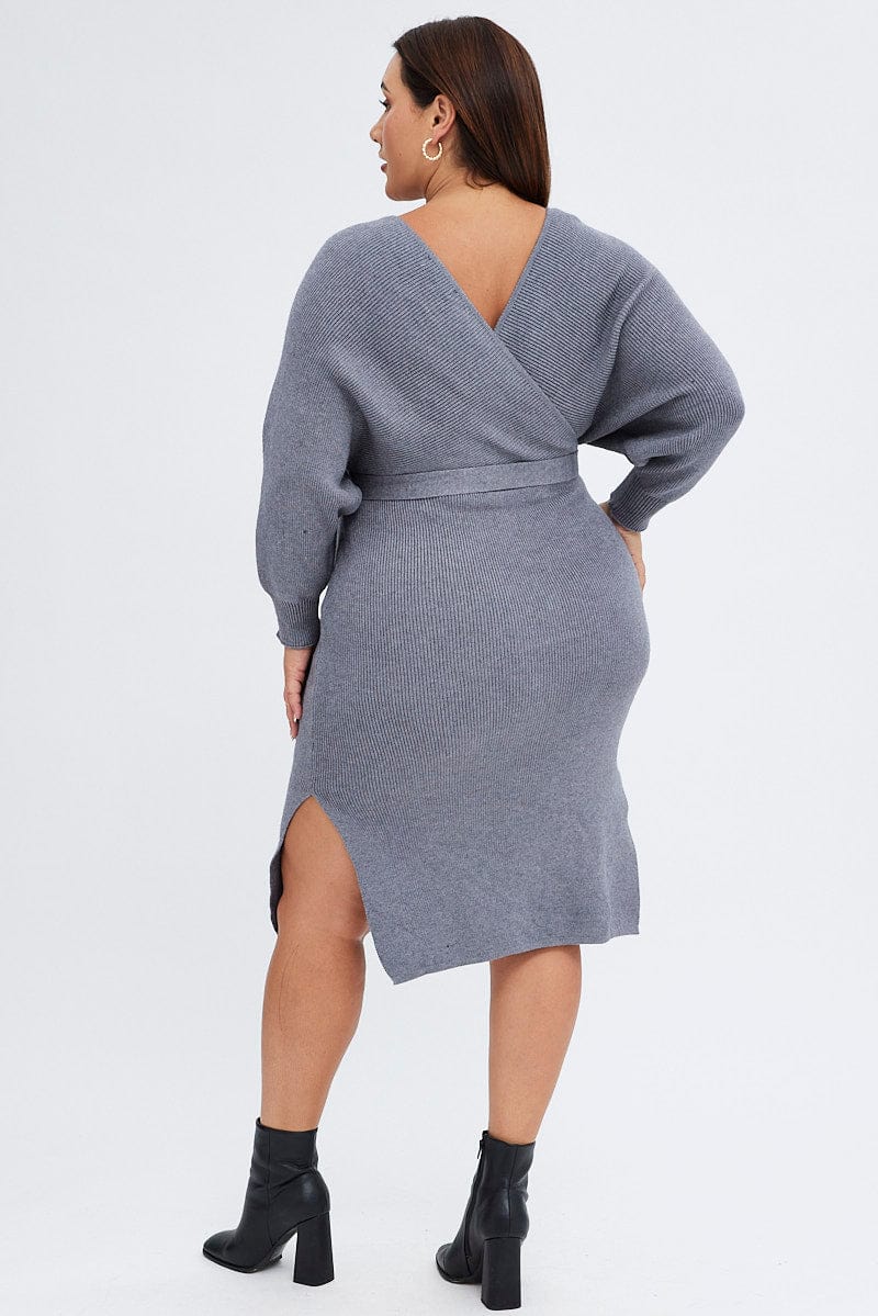 Grey Knit Dress Knee Length Crossover | You & All Grey Knit Dress Knee Length Crossover | You & All