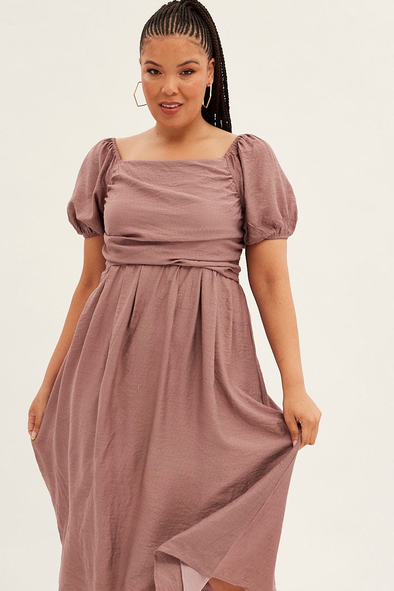 Pink Midi Dress Puff Sleeve Square Neck Lined Textured for YouandAll Fashion