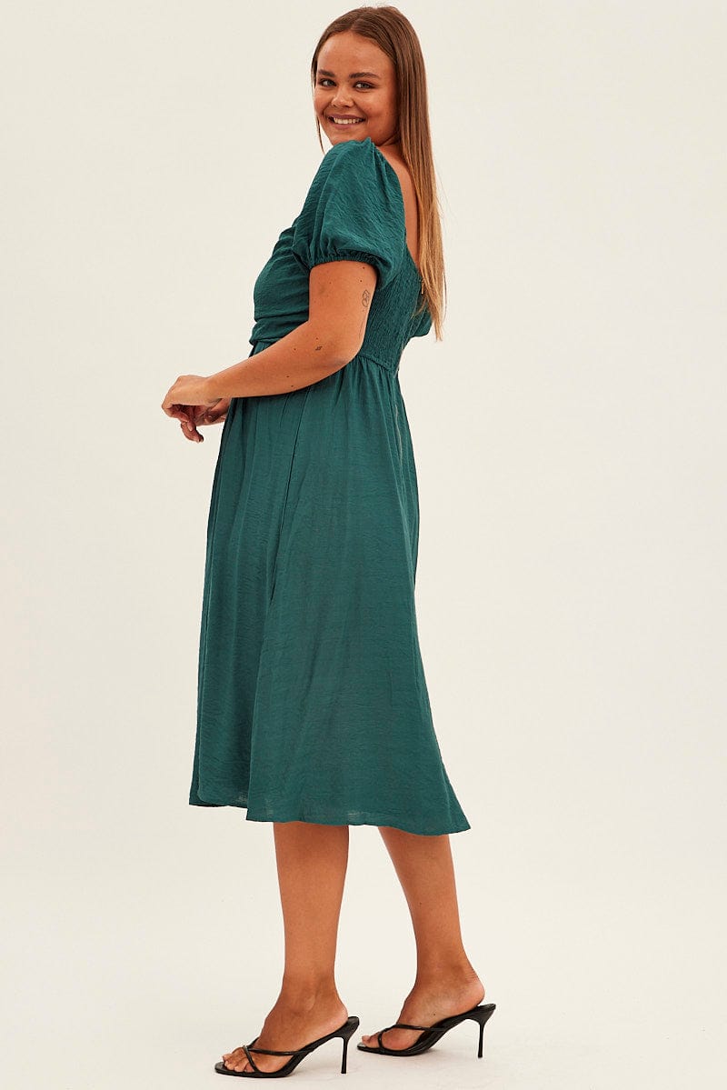 Green Midi Dress Puff Sleeve Square Neck Lined Textured | You & All Green Midi Dress Puff Sleeve Square Neck Lined Textured | You & All