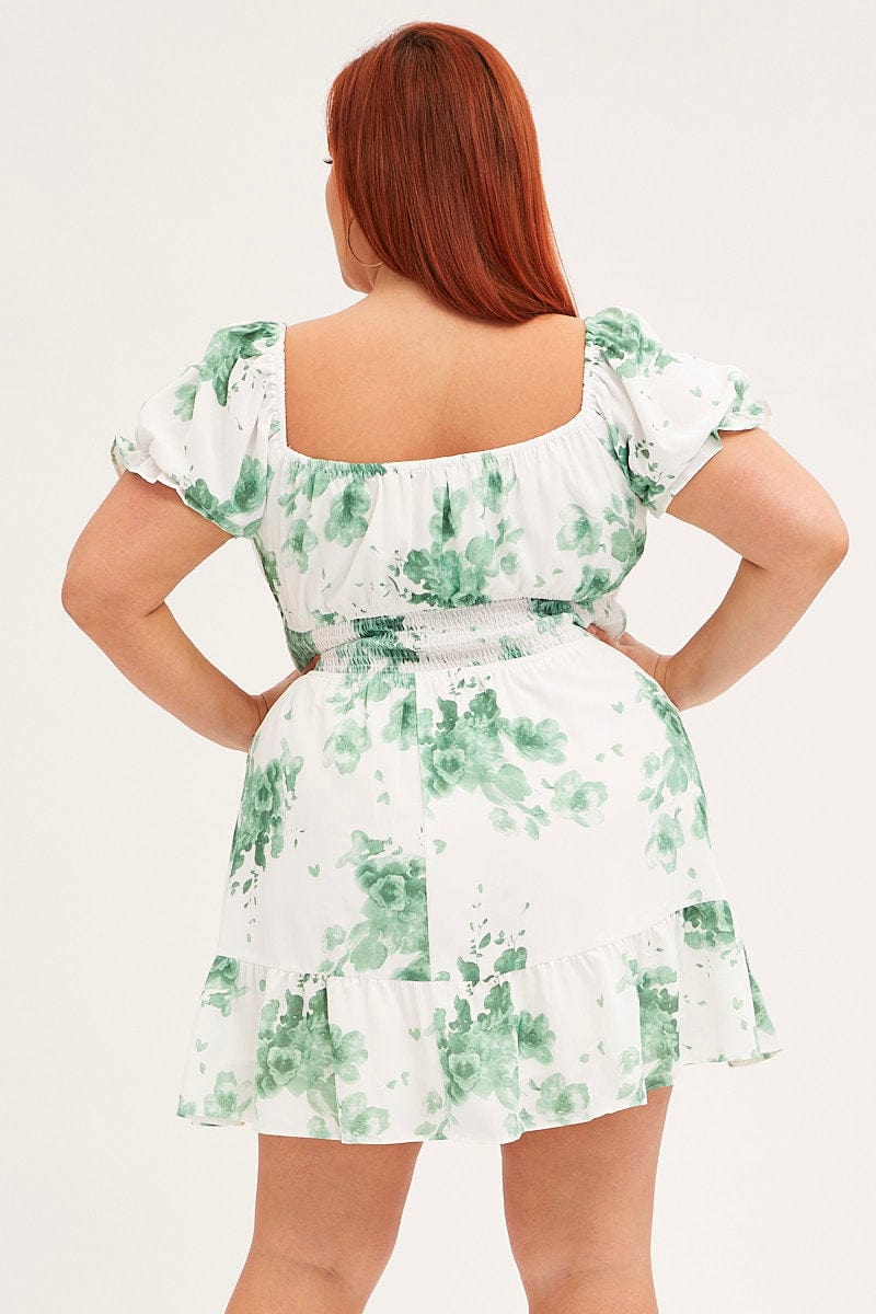 Green Mini Dress Puff Sleeve Gather Detail