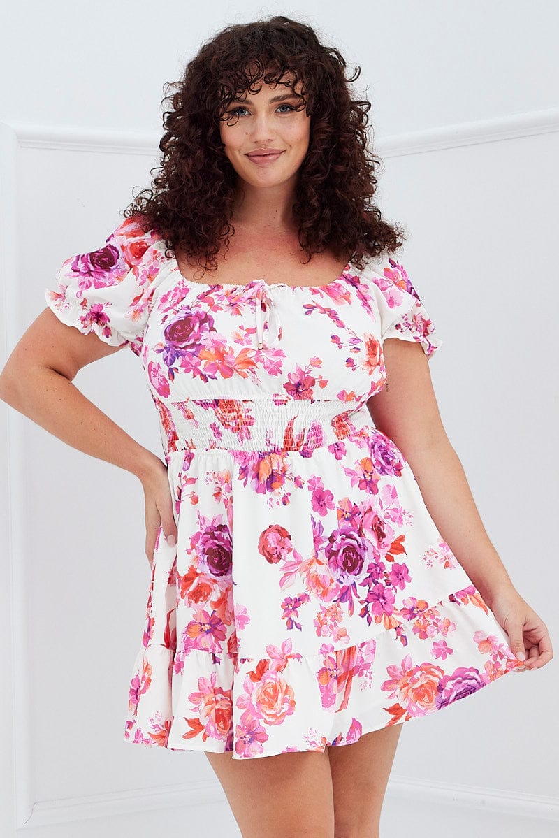 Pink Floral Fit and Flare Dress Short Sleeve Shirred Waist for YouandAll Fashion