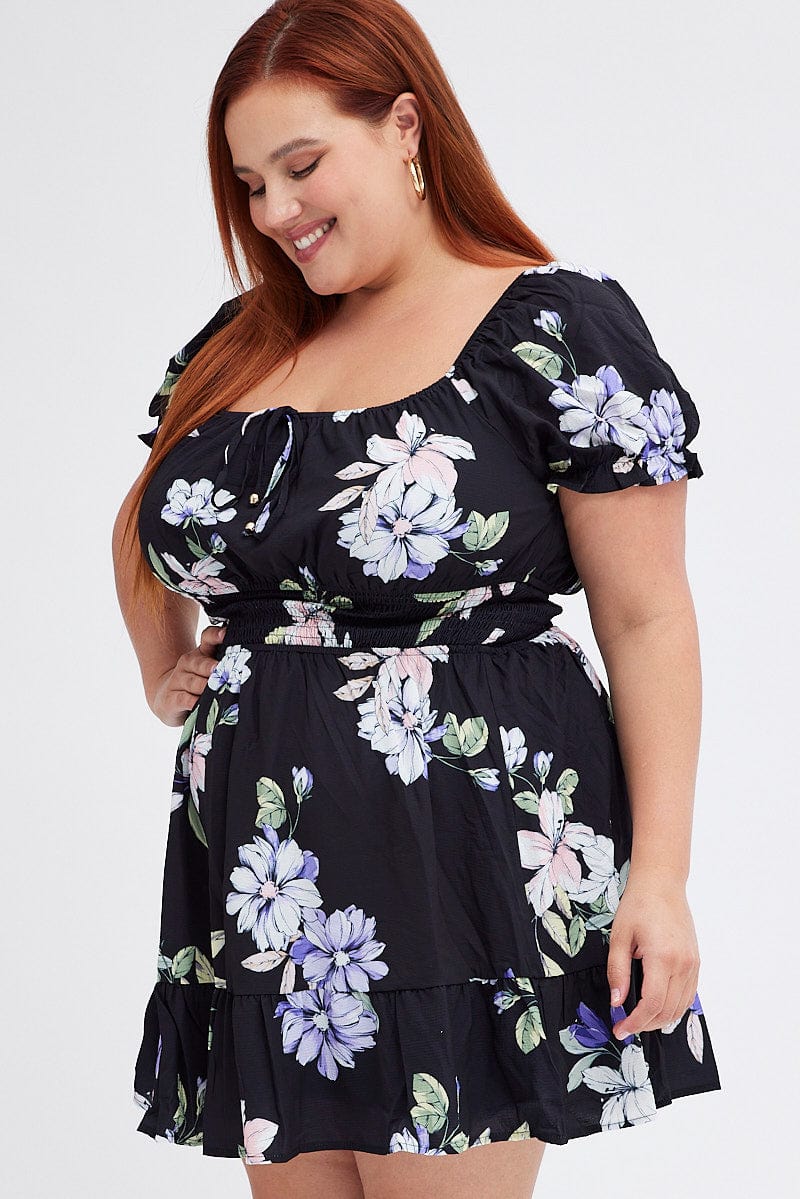 Black Floral Fit And Flare Dress Short Sleeve Gathered Bust | You & All Black Floral Fit And Flare Dress Short Sleeve Gathered Bust | You & All