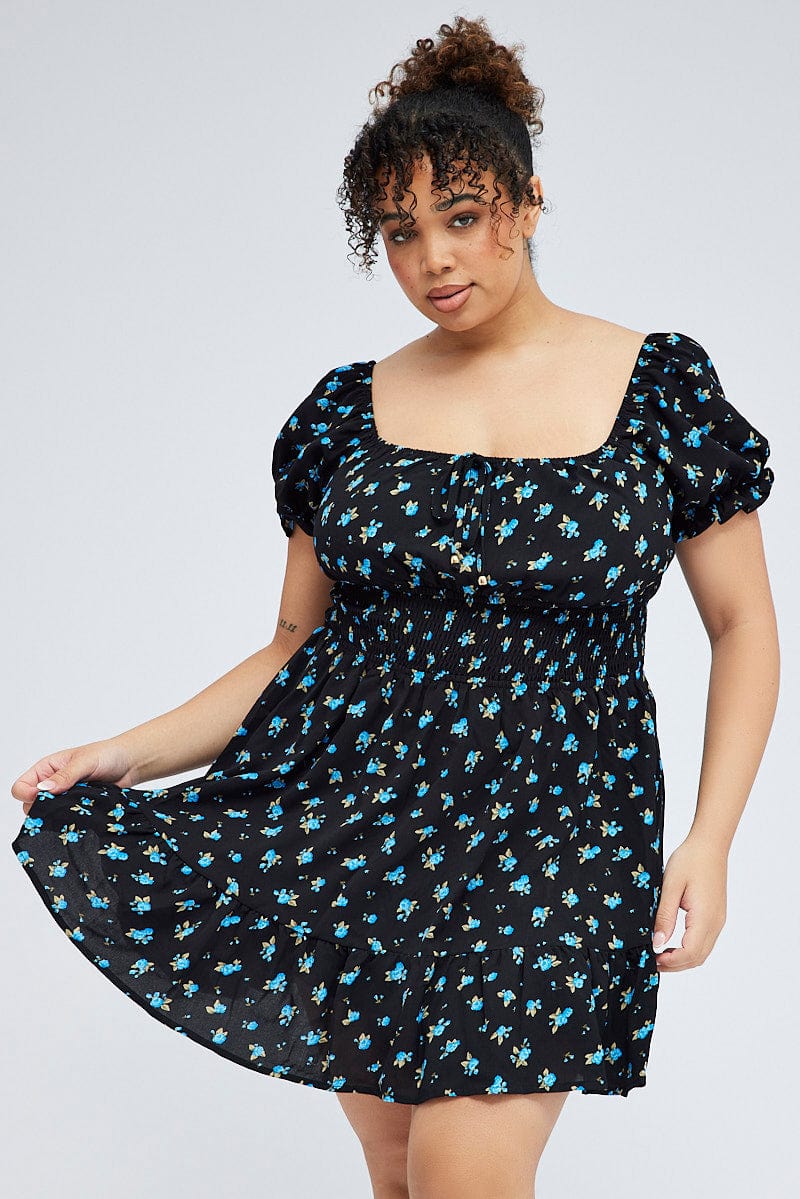 Black Ditsy Mini Dress Puff Sleeve Gather Detail | You & All