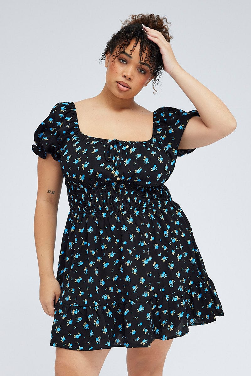 Black Ditsy Mini Dress Puff Sleeve Gather Detail | You & All