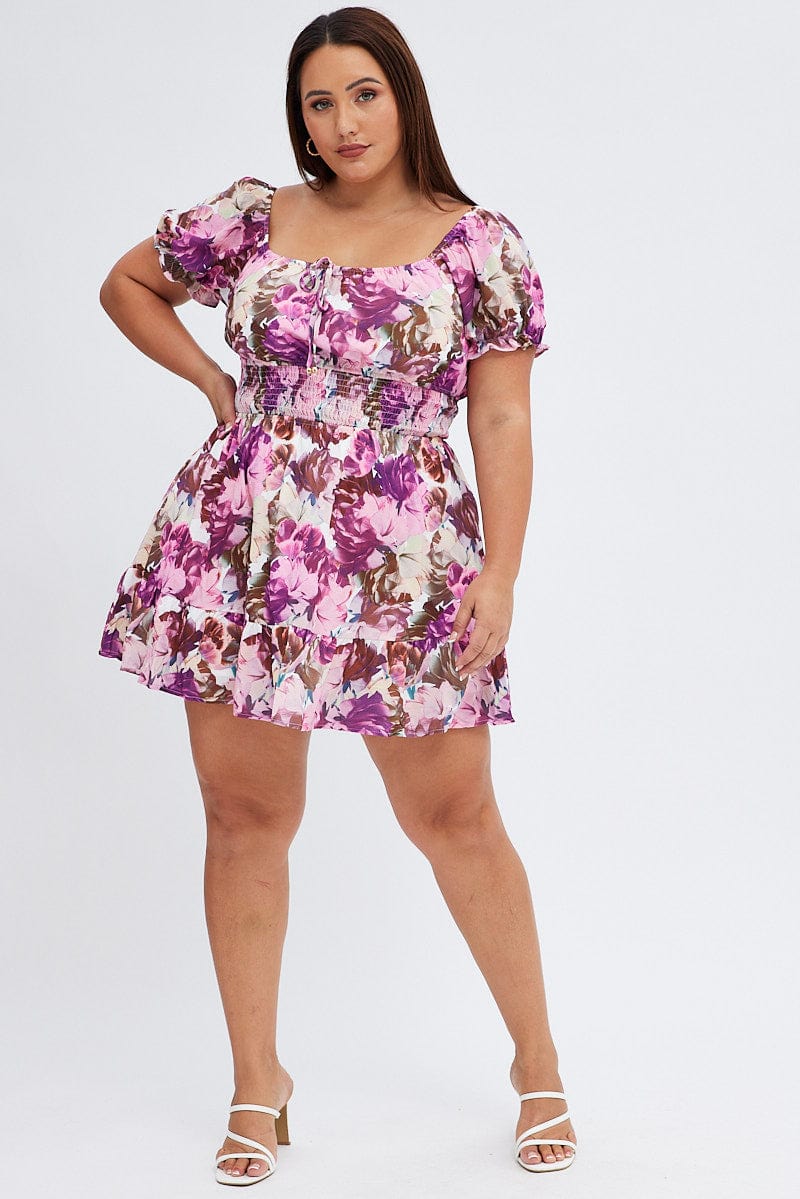 Pink Floral Fit and Flare Dress Short Sleeve Gathered Bust for YouandAll Fashion