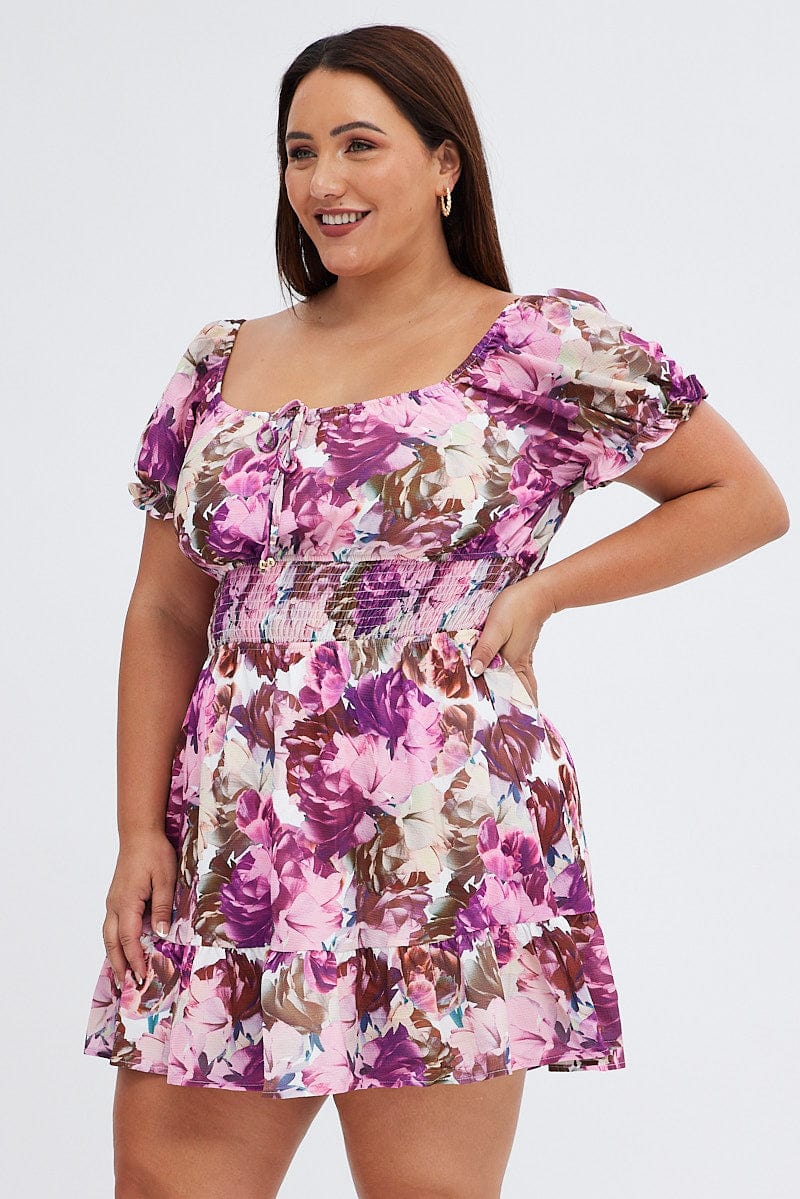 Pink Floral Fit and Flare Dress Short Sleeve Gathered Bust for YouandAll Fashion