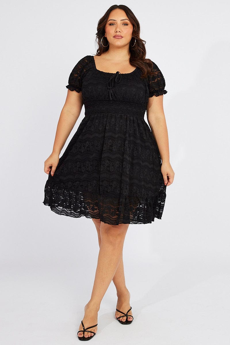 Black Fit and Flare Dress Short Sleeve Lace for YouandAll Fashion