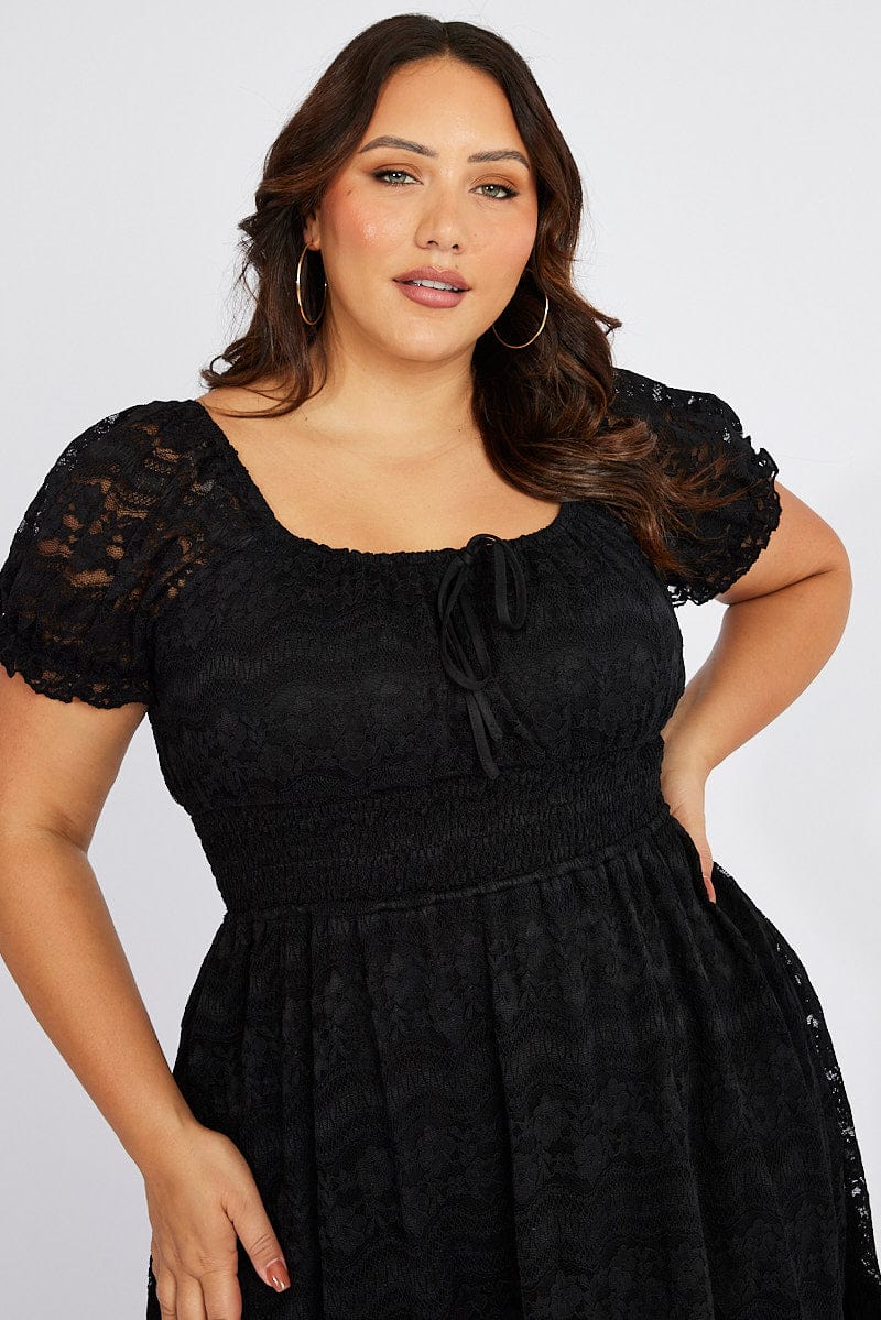 Black Fit and Flare Dress Short Sleeve Lace for YouandAll Fashion