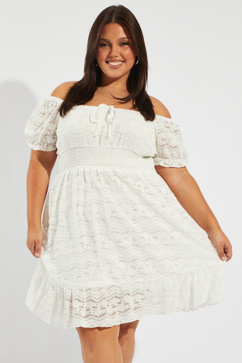 White Fit and Flare Dress Short Sleeve Lace