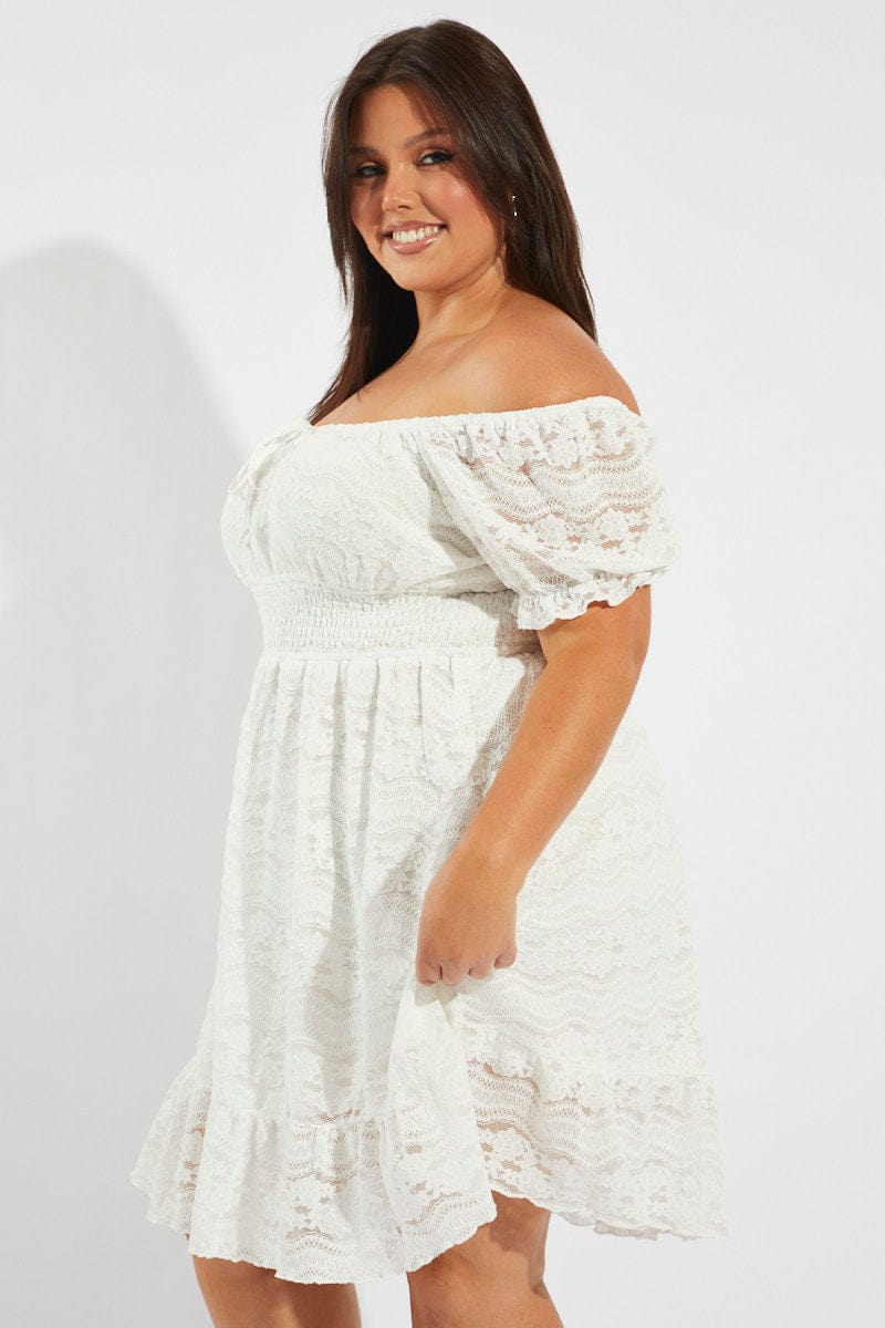 White Fit and Flare Dress Short Sleeve Lace