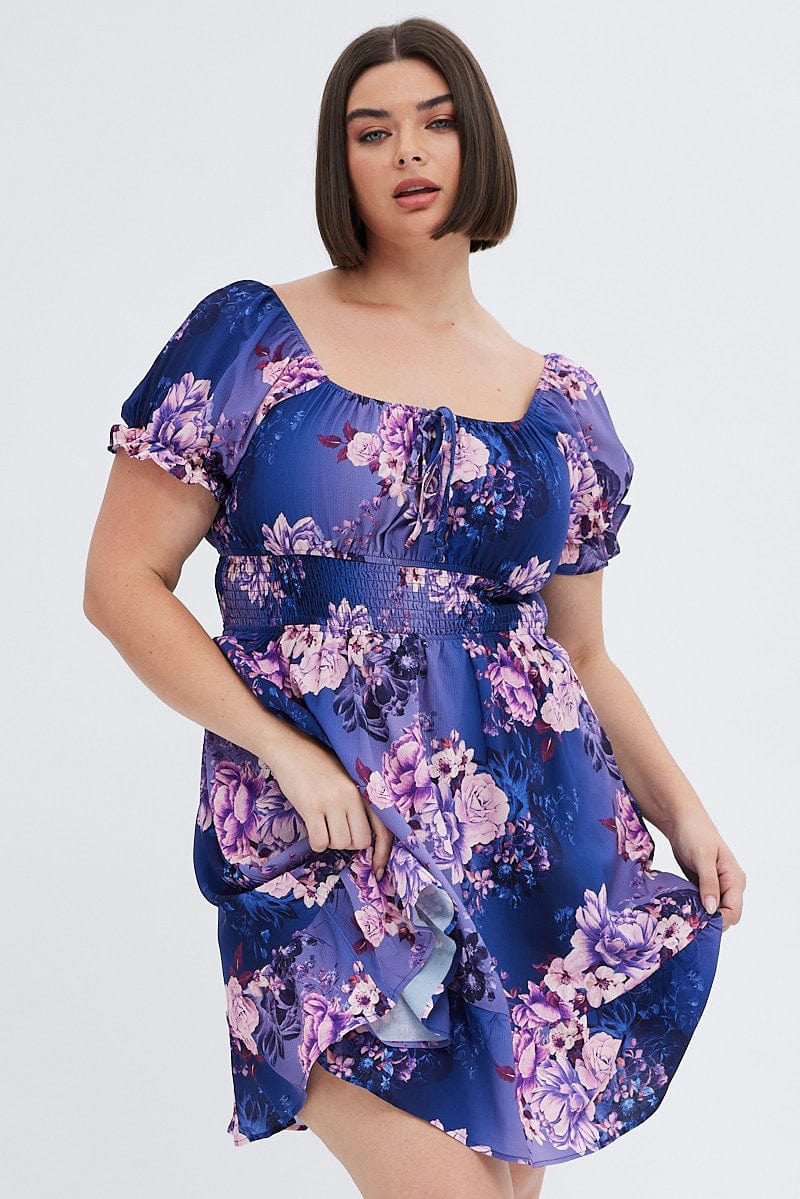 Multi Floral Skater Dress Short Puff Sleeve Crepe Tie Neck for YouandAll Fashion
