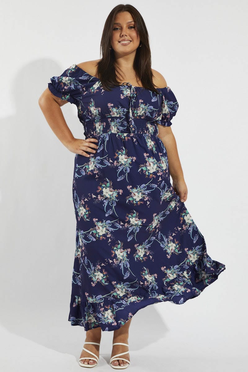 Multi Floral Tie Front Shirred Waist Midi Dress for YouandAll Fashion