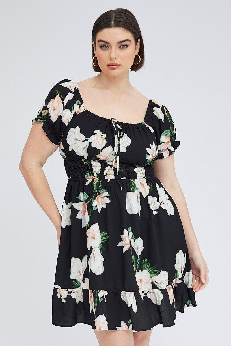 Black Floral Mini Dress Short Sleeve Gathered Bust for YouandAll Fashion