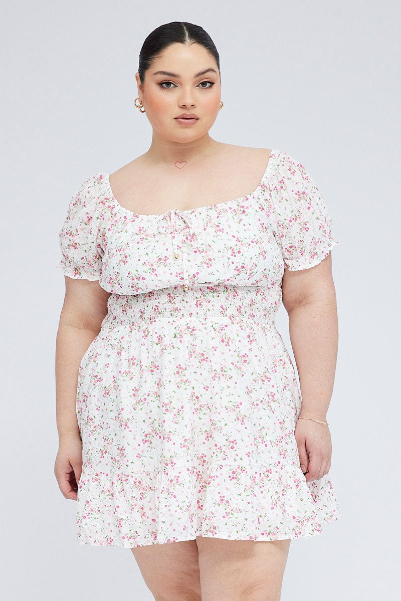 White Floral Fit and Flare Dress Short Sleeve for YouandAll Fashion