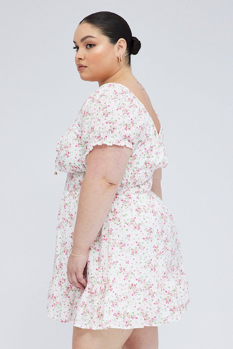 White Floral Fit and Flare Dress Short Sleeve for YouandAll Fashion