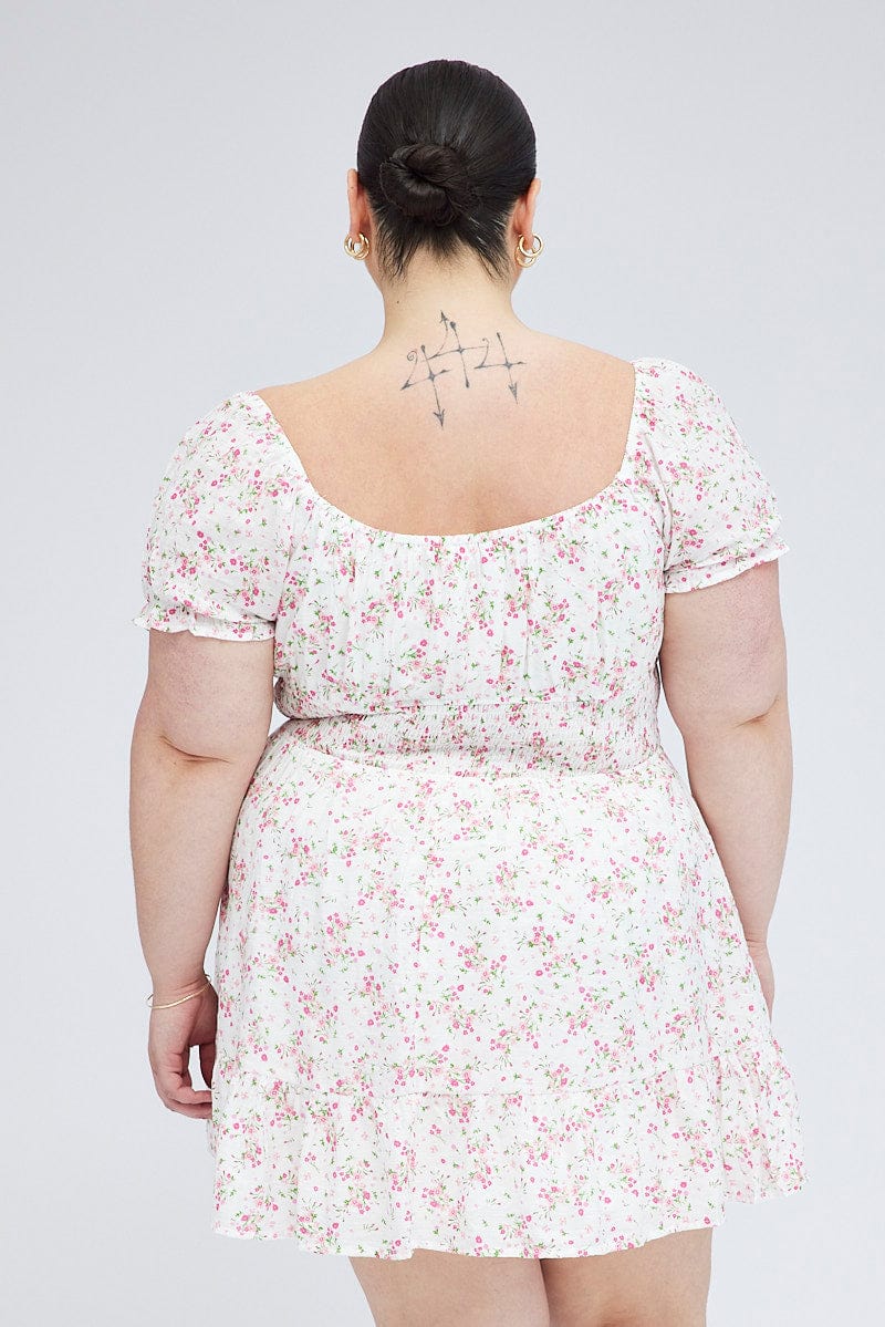 White Floral Fit and Flare Dress Short Sleeve for YouandAll Fashion