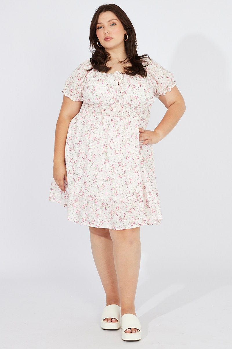 White Floral Fit And Flare Dress Short Sleeve Ruched Bust | You & All White Floral Fit And Flare Dress Short Sleeve Ruched Bust | You & All
