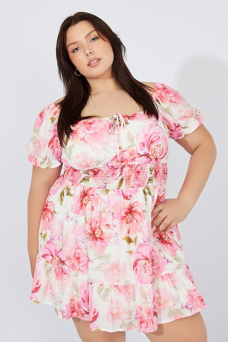 White Floral Fit and Flare Dress Short Sleeve Ruched Bust for YouandAll Fashion