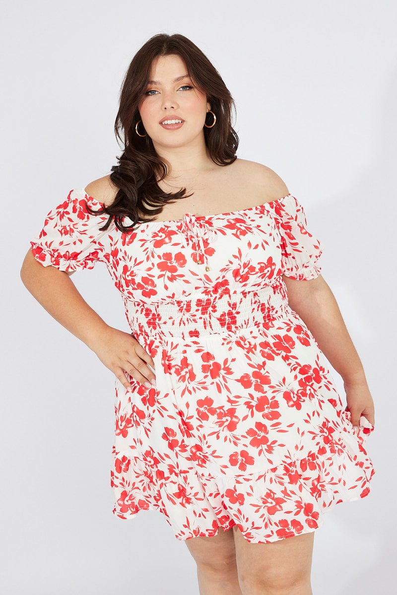 Red Floral Fit And Flare Dress Short Sleeve Ruched Bust | You & All