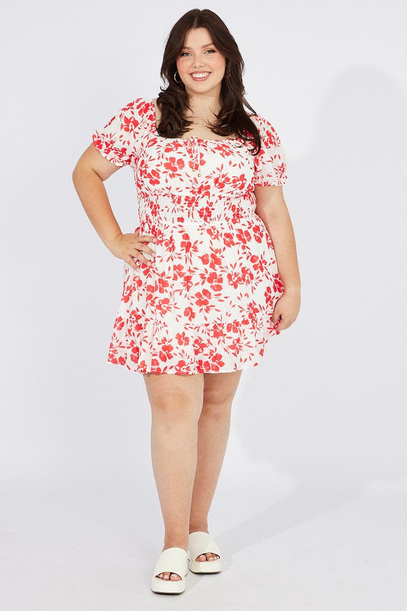 Red Floral Fit and Flare Dress Short Sleeve Ruched Bust for YouandAll Fashion