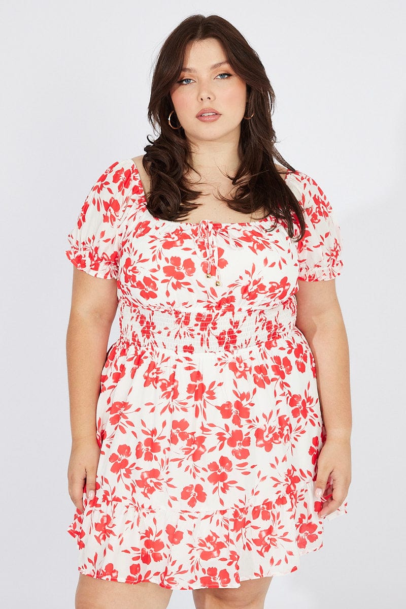 Red Floral Fit And Flare Dress Short Sleeve Ruched Bust | You & All