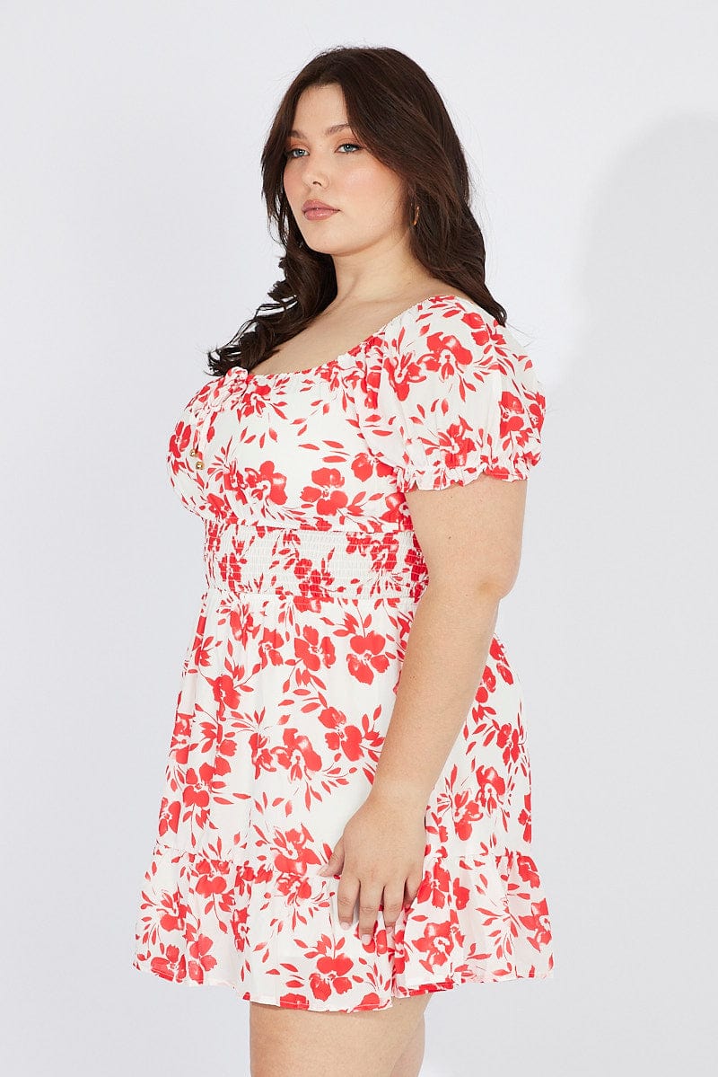 Red Floral Fit and Flare Dress Short Sleeve Ruched Bust for YouandAll Fashion