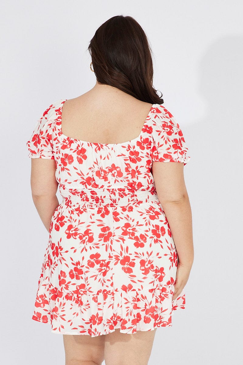 Red Floral Fit And Flare Dress Short Sleeve Ruched Bust | You & All