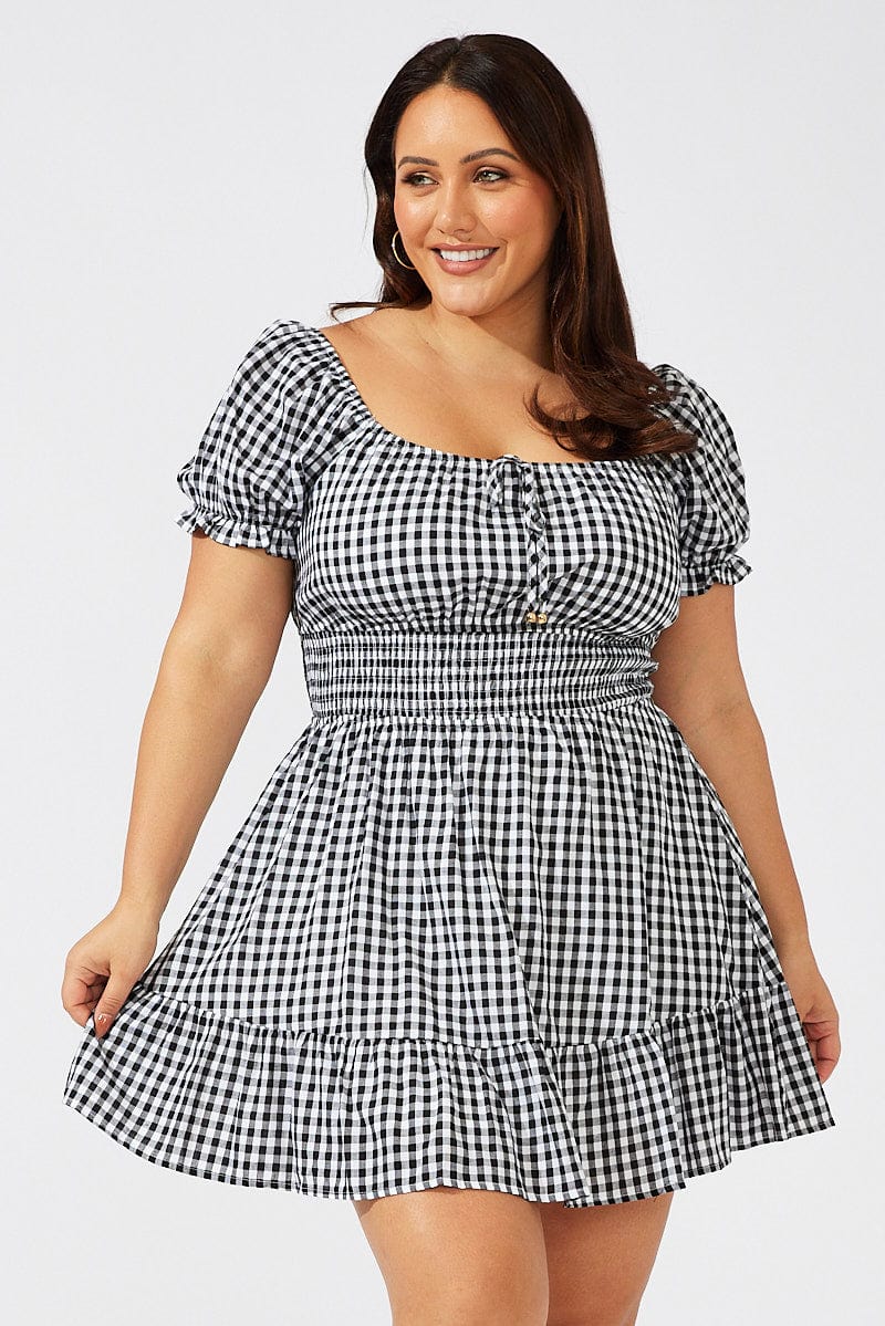 Black Check Fit and Flare Dress Short Sleeve Shirred Waist for YouandAll Fashion