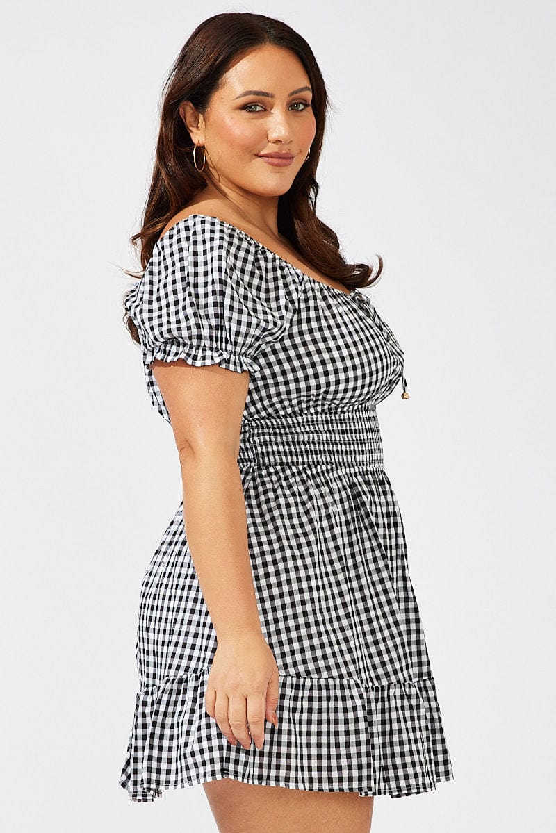 Black Check Fit and Flare Dress Short Sleeve Shirred Waist for YouandAll Fashion