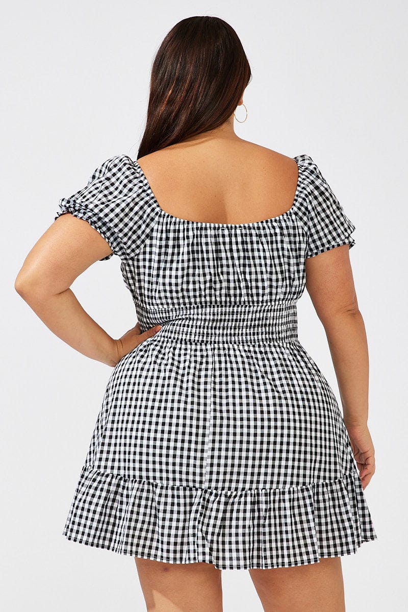 Black Check Fit and Flare Dress Short Sleeve Shirred Waist for YouandAll Fashion