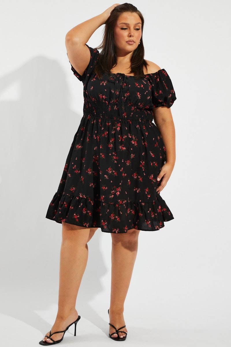 Black Floral Fit and Flare Dress Short Sleeve Ruched Bust for YouandAll Fashion