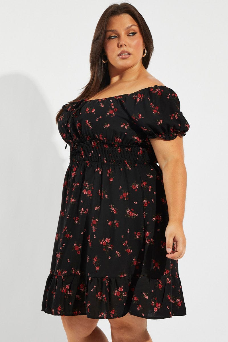 Black Floral Fit and Flare Dress Short Sleeve Ruched Bust for YouandAll Fashion