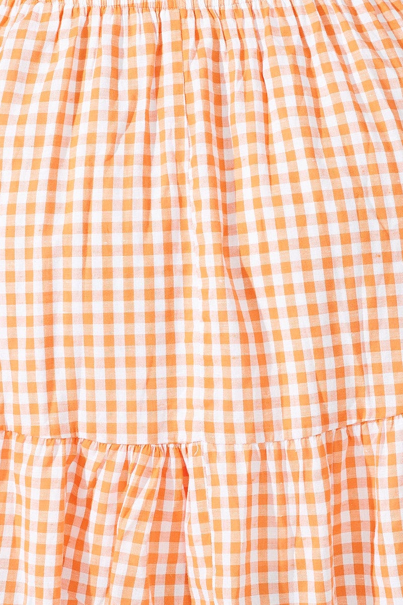 Orange Check Fit and Flare Dress Short Sleeve Shirred Waist for YouandAll Fashion