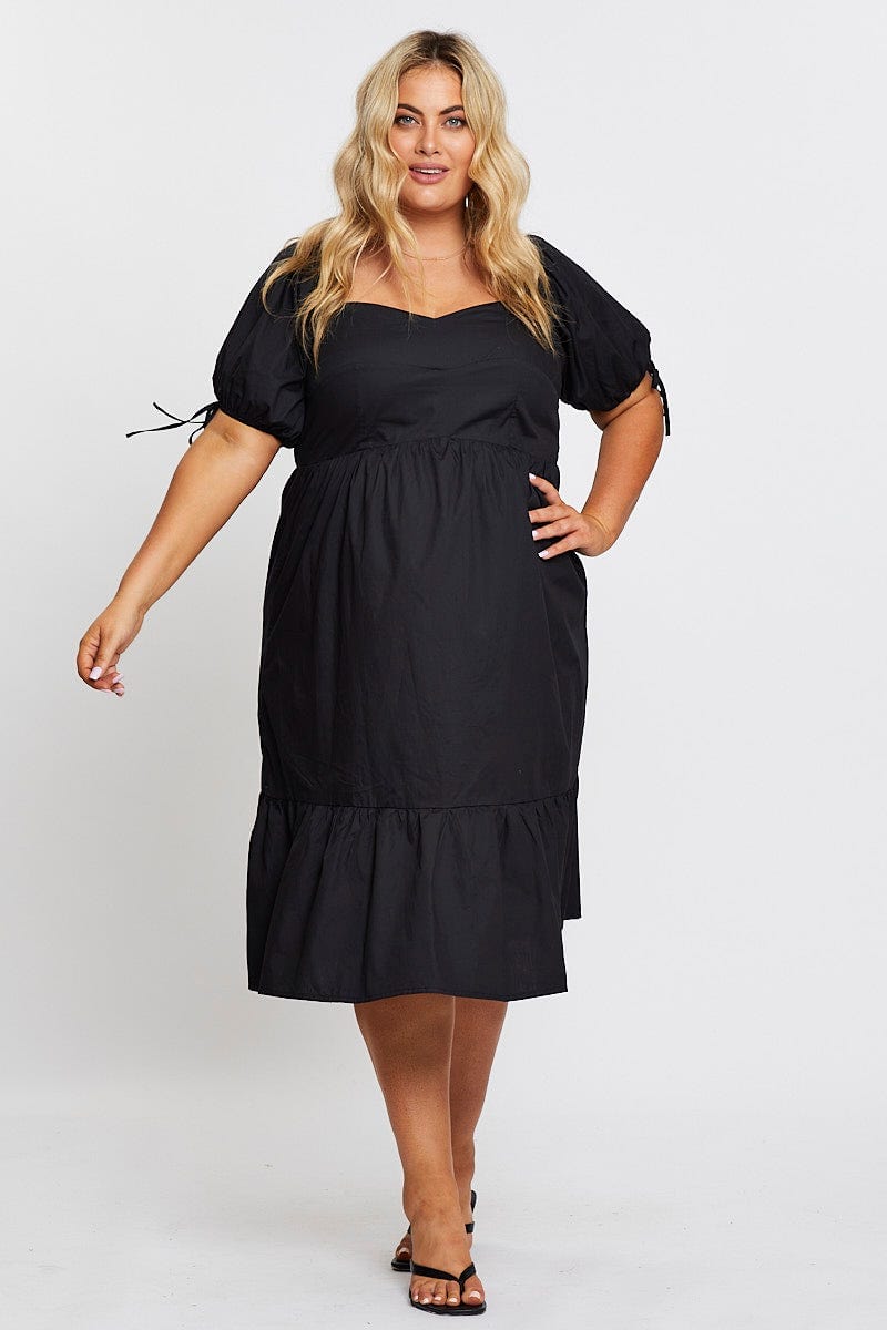 Plus Size Black Short Puff Sleeve Black Bust Detail Dress You