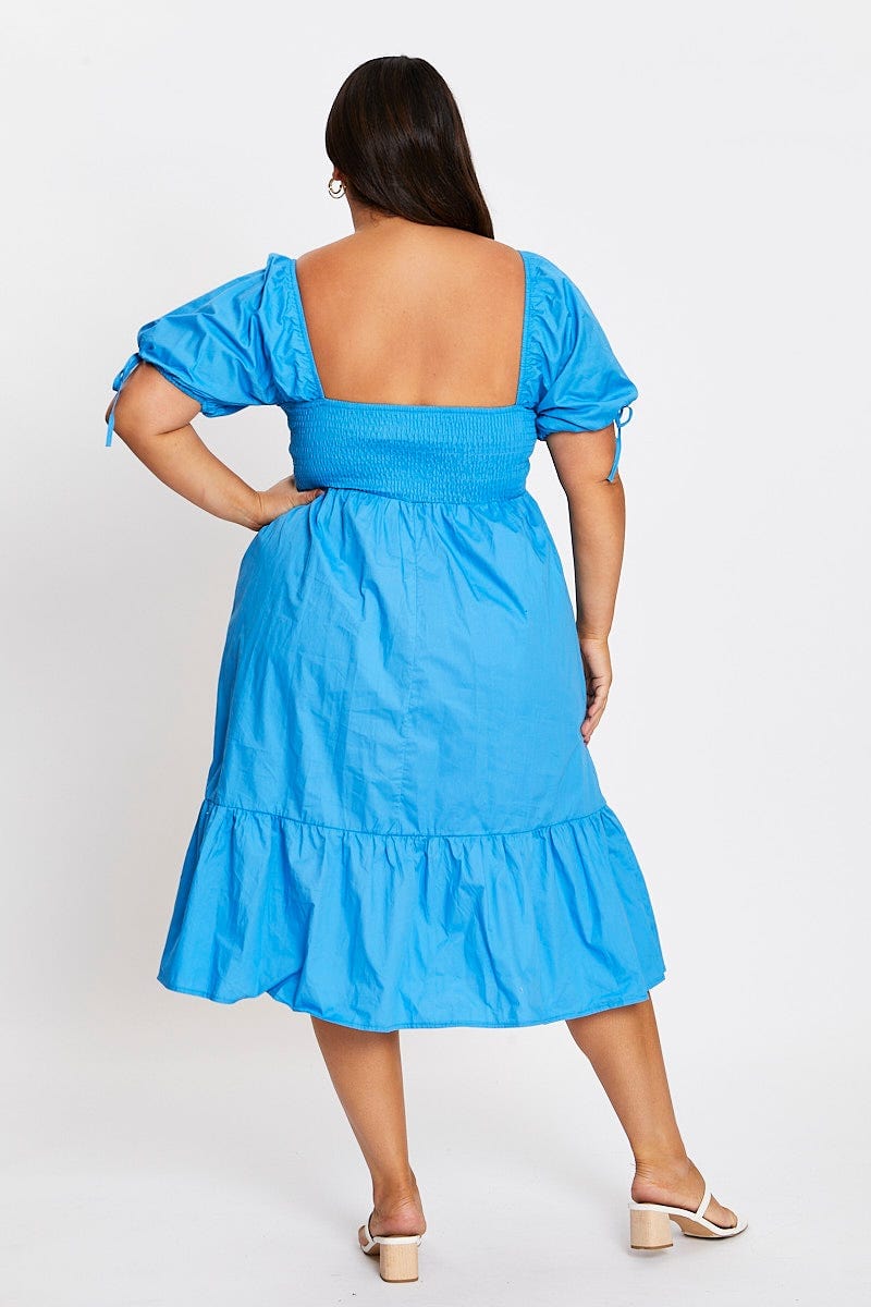 Mid Blue Short Puff Sleeve Blue Bust Detail Dress for Women by You and All