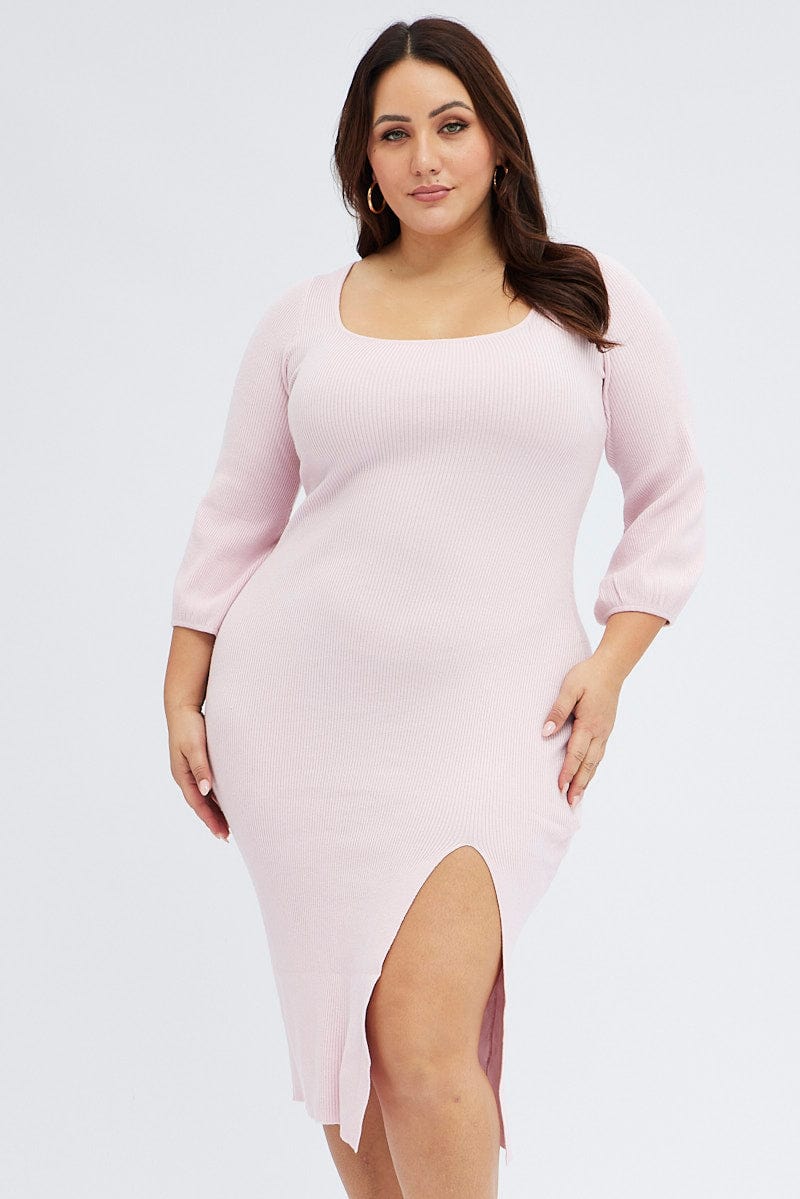 Pink Midi Dress Long Balloon Sleeve Sexy Split Knit for YouandAll Fashion