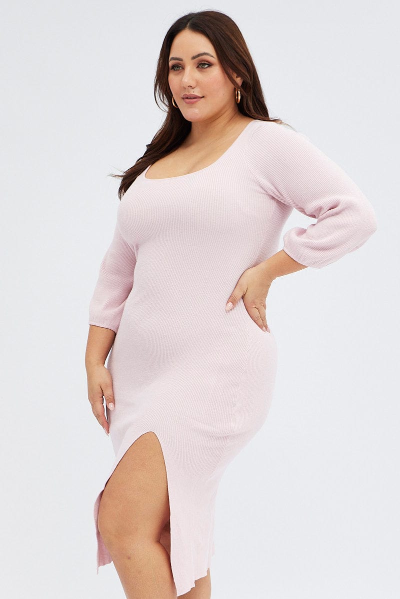 Pink Midi Dress Long Balloon Sleeve Sexy Split Knit | You & All Pink Midi Dress Long Balloon Sleeve Sexy Split Knit | You & All