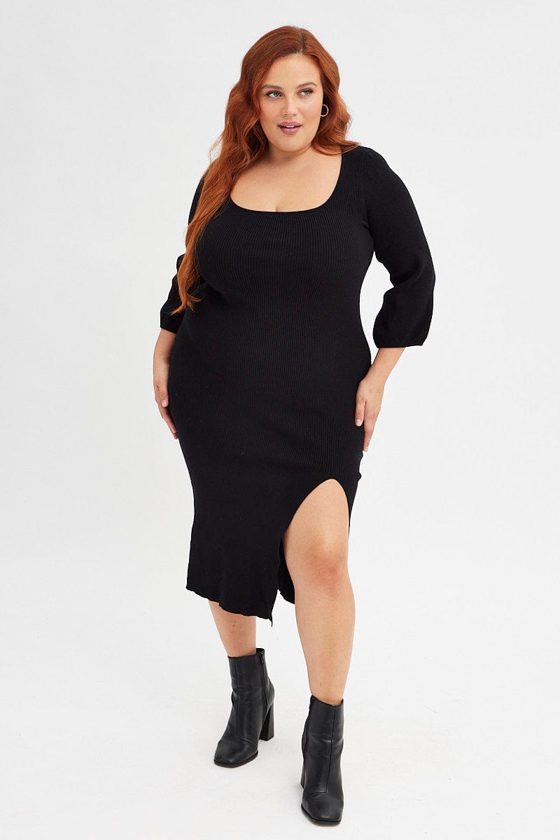 Black Midi Dress Long Balloon Sleeve Sexy Split Knit for YouandAll Fashion