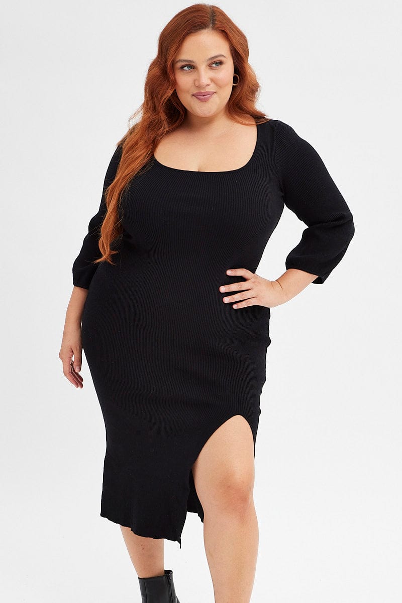 Black Midi Dress Long Balloon Sleeve Sexy Split Knit | You & All Black Midi Dress Long Balloon Sleeve Sexy Split Knit | You & All