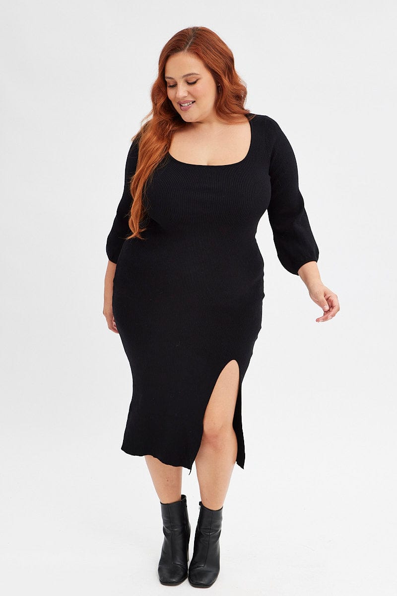 Black Midi Dress Long Balloon Sleeve Sexy Split Knit for YouandAll Fashion