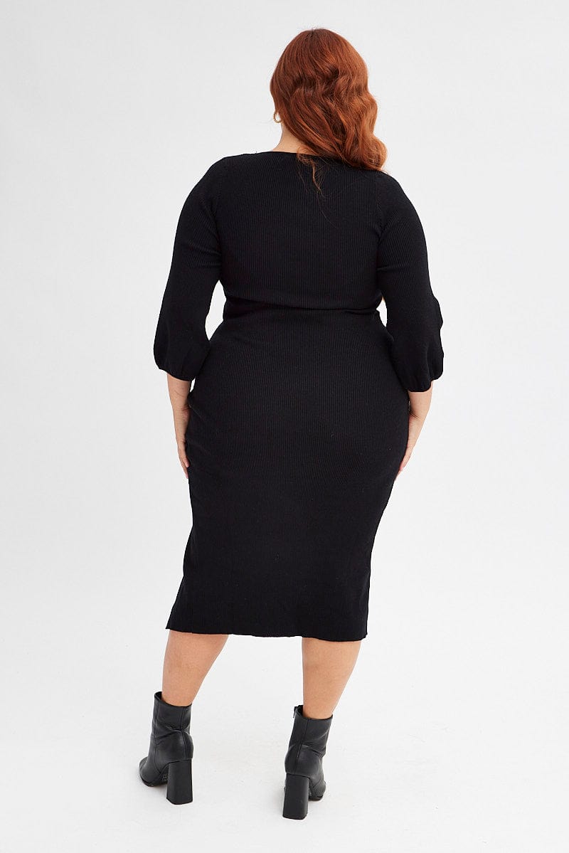 Black Midi Dress Long Balloon Sleeve Sexy Split Knit | You & All Black Midi Dress Long Balloon Sleeve Sexy Split Knit | You & All