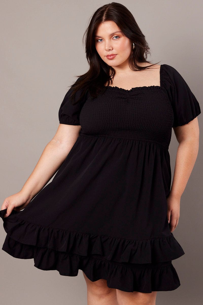 Black Shirred Mini Dress Sweetheart Neck for YouandAll Fashion