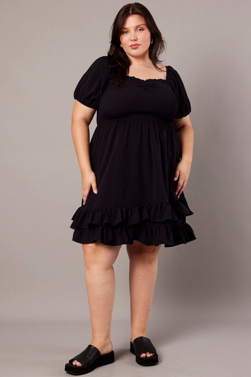 Black Shirred Mini Dress Sweetheart Neck for YouandAll Fashion