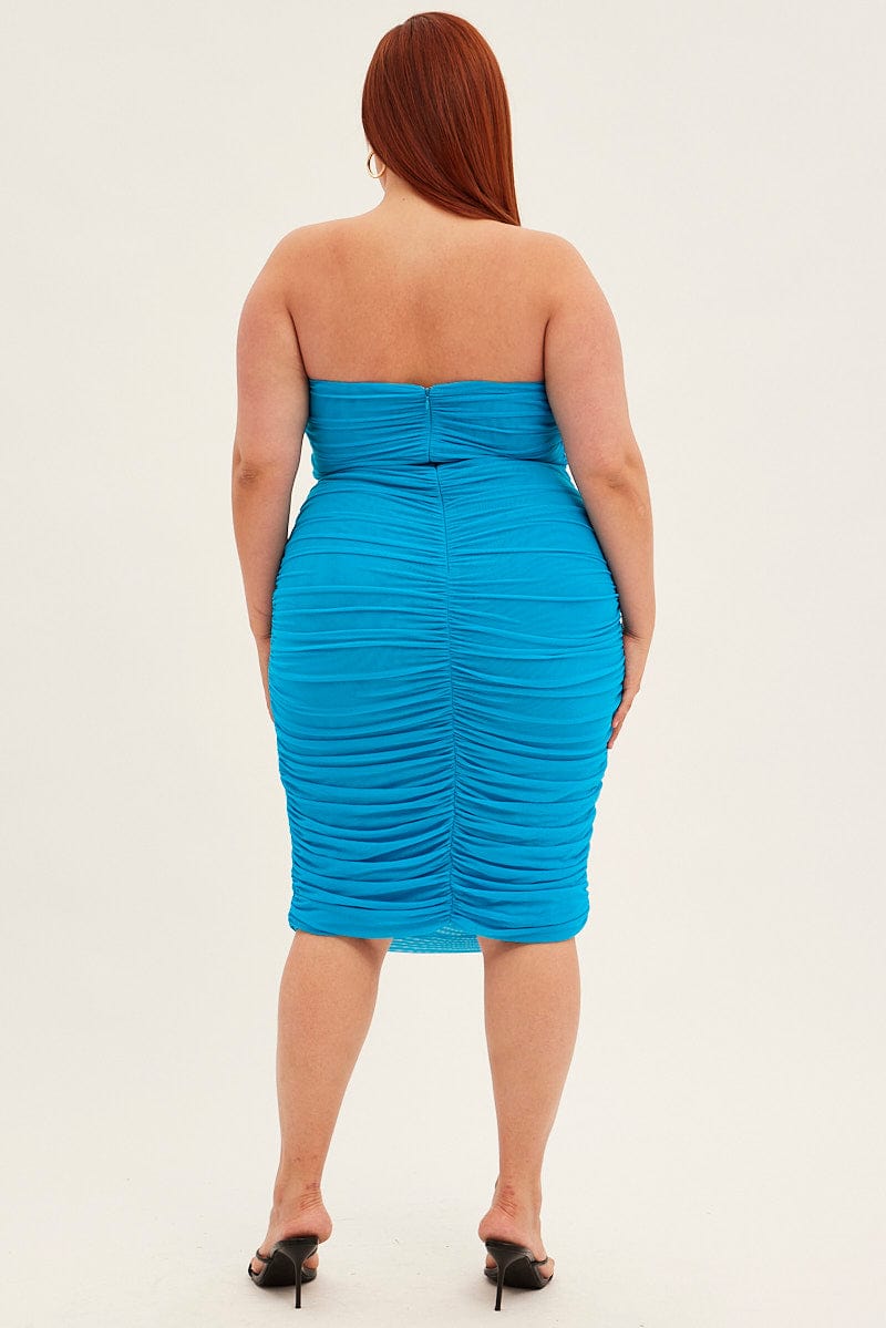 Blue Midi Dress Strapless Bodycon Mesh Ruched Side for YouandAll Fashion