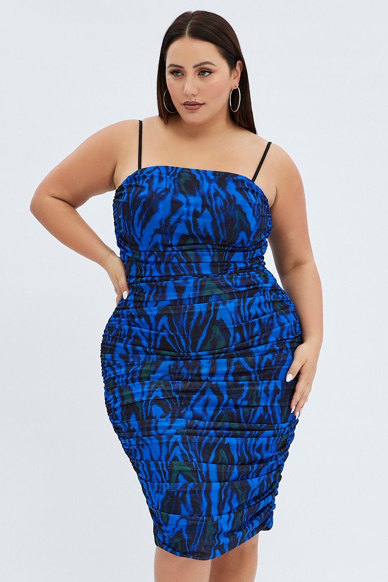 Blue Abstract Bodycon Dress Mesh Swirl Detachable Straps for YouandAll Fashion