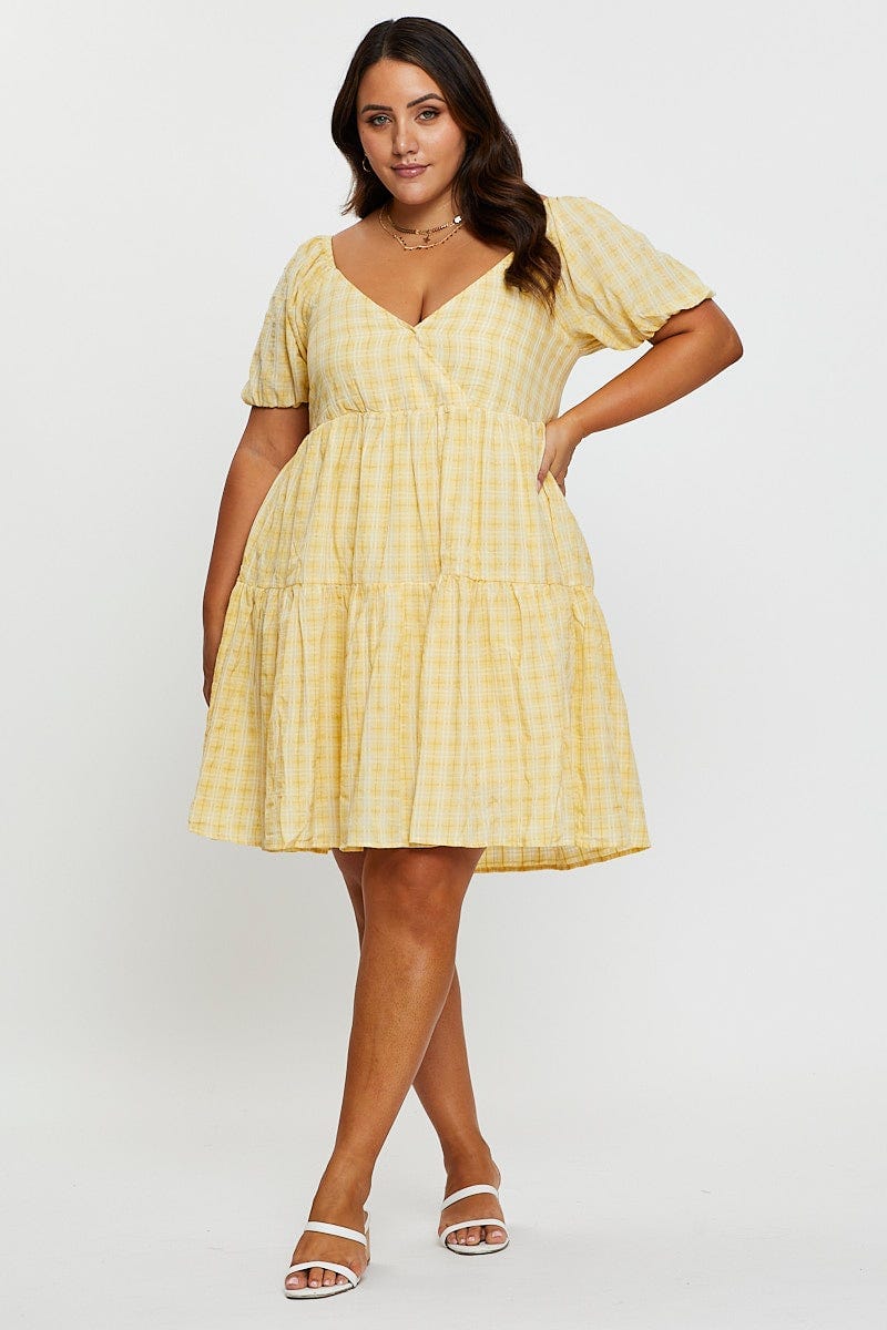 Yellow Smock Dress V-Neck Short Sleeve Tie for Women by You and All